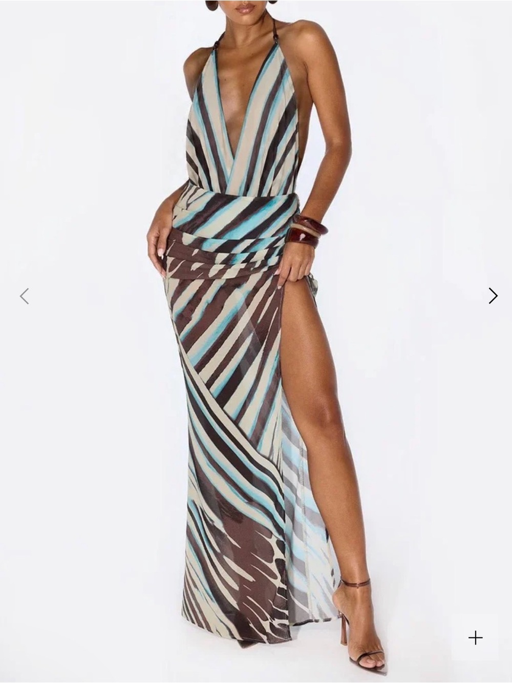 Striped Plunge Halter Maxi Dress in Blue, Brown & Cream